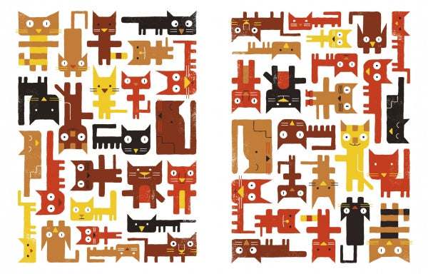 A colorful illustration of stylized cats in brown, orange, yellow, and black arranged in a geometric grid decorates "Where Is My Stuffed Animal?" by Schiffer Publishing, Ltd.—a perfect seek-and-find book for children.