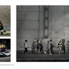 A collage of striking Oregon photography in "Oregon" by Schiffer Publishing, Ltd. captures travel moments: a person with a laptop by a fountain, the Keep Portland Weird mural, and children with an adult.