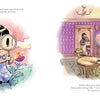 In "Maia and the Very Tall Wall" by Schiffer Publishing, Ltd., a girl in a blue dress closely inspects a flower with a magnifying glass. Later, she runs indoors clutching a large jar as a man peeks from behind the door in a purple room.