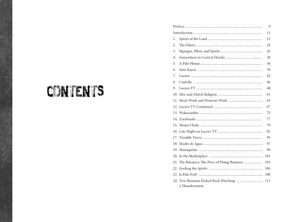 An open book, "Seeking the Spirits of Palo Kimbisa" by Schiffer Publishing, Ltd., displays a table of contents with chapters and page numbers. The opposite page features bold black text emphasizing the book's focus on Afro-Cuban religion.