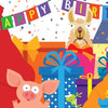 In "My Big Birthday Party" by Schiffer Publishing, Ltd., cartoon animals celebrate with gifts and confetti under a “Happy Birthday” banner—an ideal scene for building vocabulary and teaching opposites to kids.