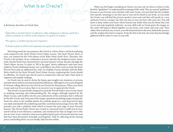A page from Eternal Seeker Oracle by Schiffer Publishing, Ltd. displays blue and gray text on white with subtle graphics, serving as a guidebook that defines an oracle and explores its purpose and meaning.