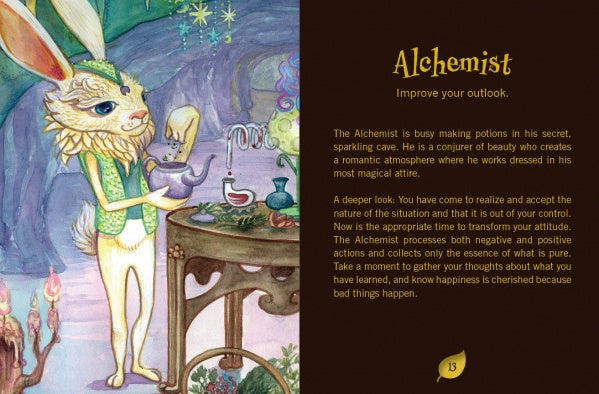 A rabbit alchemist pours liquid into a cup amid potions and mystical décor. On the right, text describes the Alchemist message from the Secret Woods intuitive healing cards by Schiffer Publishing, Ltd.