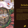 An owl with large eyes holds a teacup amid mushrooms and greenery, while a white bird perches above. Intuitive healing cards and text about herbalists and plant magic appear. Secret Woods by Schiffer Publishing, Ltd.
