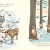 Left: Santa stands in the snow, holding up his pants as laughing reindeer watch. Right: Four reindeer play hide-and-seek behind trees—just like a scene from "All the Things Santa Claus Will Never Do" by Schiffer Publishing, Ltd.
