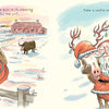In “All the Things Santa Claus Will Never Do” by Schiffer Publishing, Ltd., Santa climbs a fence with gifts as a bull watches and snaps a selfie with a reindeer—perfect for a playful children’s story or a funny Santa-themed book.