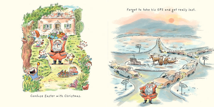 Left: Santa Claus enjoys a garden with Easter eggs and happy kids. Right: Santa, reindeer, and sleigh are lost among cars. "All the Things Santa Claus Will Never Do" by Schiffer Publishing, Ltd.—a funny children's story of lost Christmas presents!.