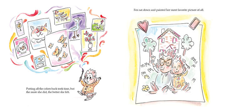 In "Fen's Drop of Gray" by Schiffer Publishing, Ltd., a hedgehog paints vibrant murals among butterflies and flowers. With a friend, Fen smiles in front of a house—a scene from this children’s book on childhood depression and coping.