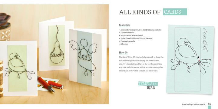 Three handmade greeting cards from "Whimsical Wire" by Schiffer Publishing, Ltd. feature wire art—a bird, a luck lightbulb, and another bird—beside colored pencils. A step-by-step beginner DIY tutorial is displayed on the right.