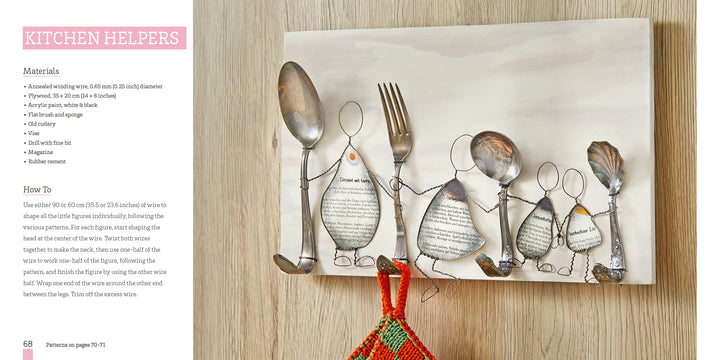 The Whimsical Wire by Schiffer Publishing, Ltd. is a decorative board featuring whimsical family figures made from beginner wire crafts and kitchen utensils, each with a spoon or fork head and book-page body, arranged as unique hooks.