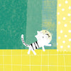 An illustration in Rocío Alejandro's style shows a white cat with black stripes reaching for a yellow flowered curtain on a tiled floor with a teal wall—ideal for "Brothers" by Schiffer Publishing, Ltd., a children's book about sibling relationships.
