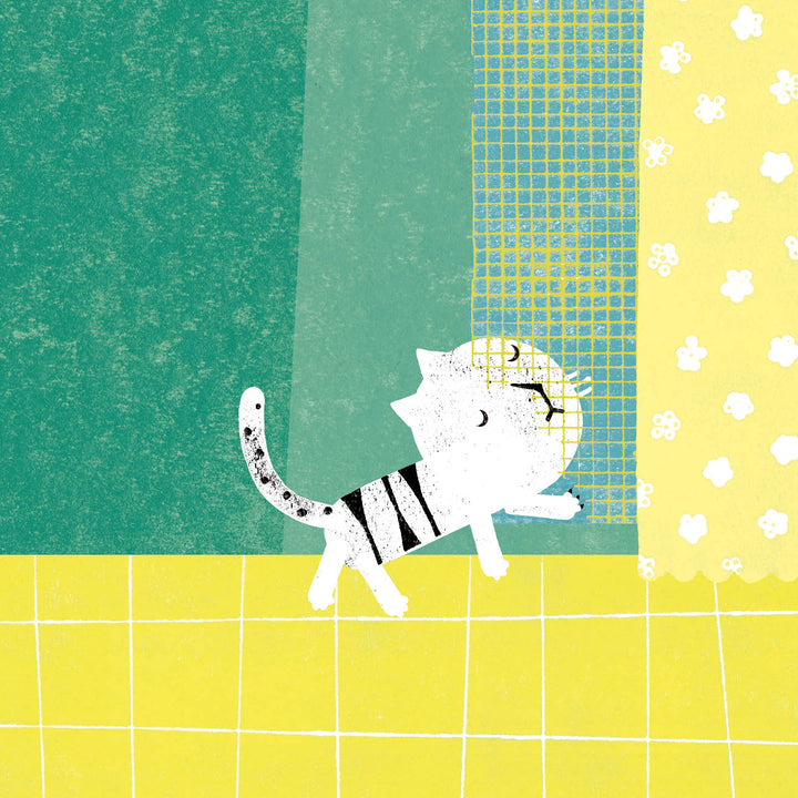 An illustration in Rocío Alejandro's style shows a white cat with black stripes reaching for a yellow flowered curtain on a tiled floor with a teal wall—ideal for "Brothers" by Schiffer Publishing, Ltd., a children's book about sibling relationships.