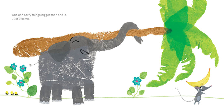 In Lili's Just Like Me! by Schiffer Publishing, Ltd., an elephant lifts a palm frond with her trunk while a gray mouse balances a banana on its head. Green leaves, blue flowers, and two yellow insects complete this cheerful board book scene.