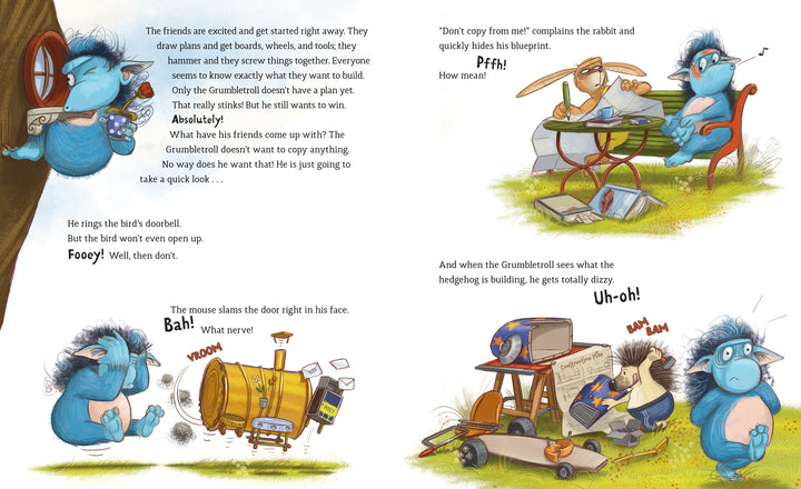 In Schiffer Publishing, Ltd.'s "The Grumbletroll . . . Wants to Be First!", the Grumbletroll feels left out while animal friends play. A rabbit scolds a hedgehog, and when the Grumbletroll seeks attention, he’s ignored—showing a lack of sportsmanship.