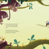 Four monkeys lounge on a tree branch, laughing and pointing at a dung beetle pushing a poop ball below. Surrounded by banana peels and leaves, this scene from "The King of Poop" by Schiffer Publishing, Ltd. unfolds with text on the left side.