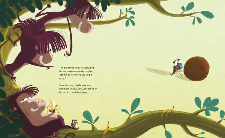 Four monkeys lounge on a tree branch, laughing and pointing at a dung beetle pushing a poop ball below. Surrounded by banana peels and leaves, this scene from "The King of Poop" by Schiffer Publishing, Ltd. unfolds with text on the left side.