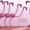 A row of tall, pink flamingos with curious expressions looks down at a small brown dung beetle pushing a ball—a charming scene from The King of Poop by Schiffer Publishing, Ltd., set against a soft pink background with text beside the beetle.