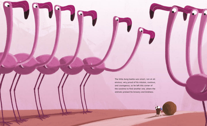 A row of tall, pink flamingos with curious expressions looks down at a small brown dung beetle pushing a ball—a charming scene from The King of Poop by Schiffer Publishing, Ltd., set against a soft pink background with text beside the beetle.