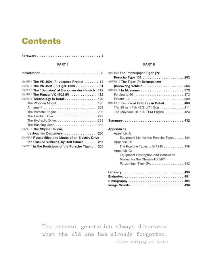Table of contents from "The Porsche Tiger and Ferdinand Tank Destroyer" by Schiffer Publishing, Ltd.: two sections with chapter titles and page numbers on WWII tanks, appendices, glossary, bibliography, image credits, and a closing inspirational quote.