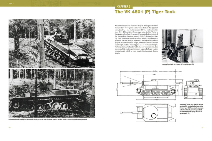 On the left are black-and-white photos of a prototype tank in a forest; on the right, a historical photo of Ferdinand Porsche and technical blueprints from The Porsche Tiger and Ferdinand Tank Destroyer by Schiffer Publishing, Ltd.