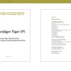 An open book displays the title “The Porsche Tiger and Ferdinand Tank Destroyer” by Schiffer Publishing, Ltd. on the left page, with a subtitle and date, and the instruction manual’s table of contents on the right.