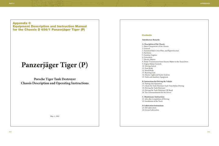 An open book displays the title “The Porsche Tiger and Ferdinand Tank Destroyer” by Schiffer Publishing, Ltd. on the left page, with a subtitle and date, and the instruction manual’s table of contents on the right.