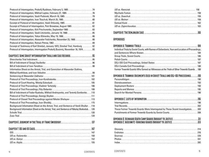 A table of contents page from "Trawniki Guards: Foot Soldiers of the Holocaust" (Schiffer Publishing, Ltd.) lists chapters and appendices on interrogation protocols, international trials, US and Soviet cases, KGB archives, Trawniki Men in postwar trials, and more with page numbers.