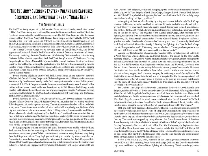 A book spread from "Trawniki Guards: Foot Soldiers of the Holocaust" by Schiffer Publishing, Ltd. features a chapter titled The Red Army Overruns Eastern Poland and Captures Documents, with two-column text based on KGB archives and clear headings.