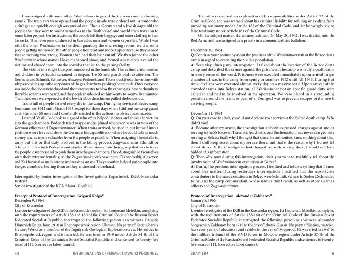 A two-page spread from "Trawniki Guards: Foot Soldiers of the Holocaust" (Schiffer Publishing, Ltd.) features dense English text, with interview transcripts, historical testimonies, and footnotes about Soviet Trudarmy—all on pages 70–71.