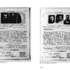 Displayed side by side, two aged KGB documents from Schiffer Publishing's "Trawniki Guards: Foot Soldiers of the Holocaust" show handwritten Russian, three b&w mugshots each, captions, and page numbers at the bottom.