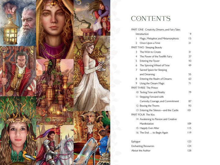 On the right, Enchanting Creativity by Schiffer Publishing, Ltd. shows a table of contents with chapters and pages; on the left, nine vivid fantasy illustrations inspired by fairy tales feature wizards, fairies, royalty, and magical scenes.