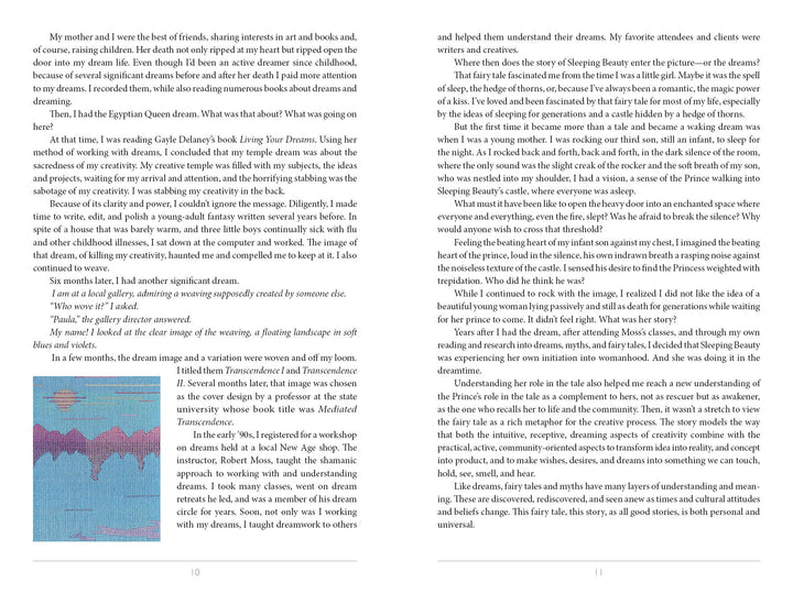 A two-page spread from "Enchanting Creativity" by Schiffer Publishing, Ltd. features a personal story about dreams, reading, and fairy tales, with a vibrant illustration of a woman in a flowing gown on blue and pink grass.