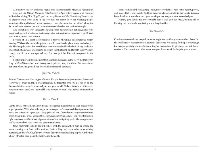 Enchanting Creativity" by Schiffer Publishing, Ltd. is open to two text-only pages: the left discusses artistic creativity, journaling, and ritual work; the right covers dreamwork. Pages are white with black text and no images.