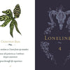 The image is split: left shows a chestnut bud, pinecone, and “Chestnut Bud" with positive growth affirmations referencing Bach flower remedies; right displays a ram skull, foliage, “Loneliness,” number 4; Product: Listening to Flowers by Schiffer Publishing.