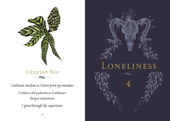 The image is split: left shows a chestnut bud, pinecone, and “Chestnut Bud" with positive growth affirmations referencing Bach flower remedies; right displays a ram skull, foliage, “Loneliness,” number 4; Product: Listening to Flowers by Schiffer Publishing.