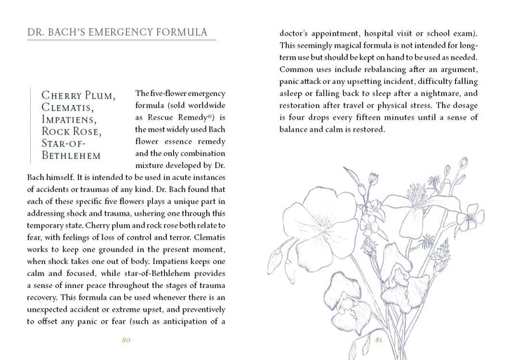 A botanical illustration of delicate grey flowers decorates the bottom left of a page from "Listening to Flowers" by Schiffer Publishing, Ltd., featuring information on Dr. Bach’s Emergency Formula, its uses, and dosage instructions.