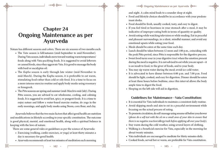 Vedic Transformation by Schiffer Publishing, Ltd. features Chapter 24: Ongoing Maintenance as per Ayurveda, offering wellness tips, seasonal dietary guidance, lifestyle advice, and Vata care in both paragraphs and bullet points.