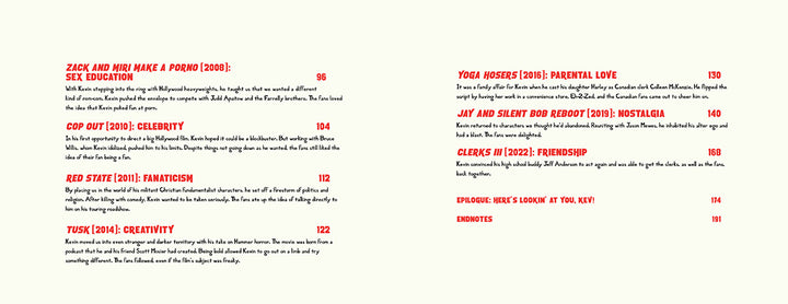 A Kevin Smith filmography by Schiffer Publishing, Ltd., listing movie titles, years, themes, and page numbers in red and black on cream. Examples: Zack and Miri Make a Porno (2008): Sex Education; Clerks III (2022): Friendship.