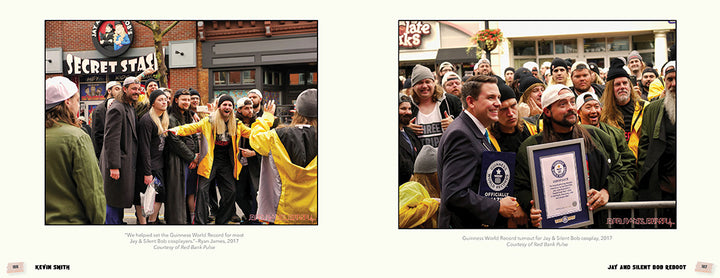 Two photos show a group outside Secret Stash. On the left, they pose for a selfie; on the right, a man holds a Guinness World Records certificate—echoing scenes from Schiffer Publishing, Ltd.'s Kevin Smith biography.