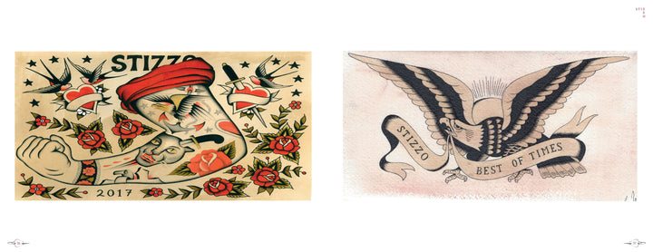 Two Neoclassical Tattoo Flash designs from Schiffer Publishing, Ltd.: a collage (hand, face, skull, roses, birds, STIZZO 2017), and an eagle with a "STIZZO BEST OF TIMES" banner. Neutral backgrounds highlight these tattoo flash styles.
