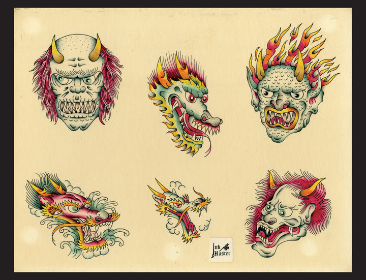 Six vibrant, traditional-style tattoo flash illustrations by John W. Harden feature demonic and dragon heads with exaggerated features, horns, fangs, and flames on a beige background. "Ink Master" appears near the bottom. Schiffer Publishing, Ltd.