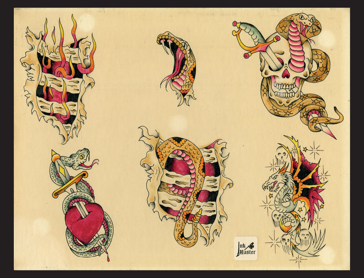 Original Tattoo Flash of John W. Harden by Schiffer Publishing, Ltd. features hand-painted classic designs—snakes, skulls, a heart with dagger, dragon, and torn skin—in bold red, yellow & black on beige, inspired by vintage tattoo art.