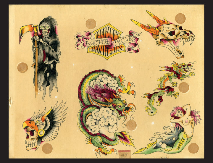 Original Tattoo Flash of John W. Harden by Schiffer Publishing, Ltd.: features hand-painted designs including a Grim Reaper with scythe, flaming animal skull, dragons, winged skull, mermaid, and "Harley Davidson Motor Cycles" logo—classic vintage inspiration.