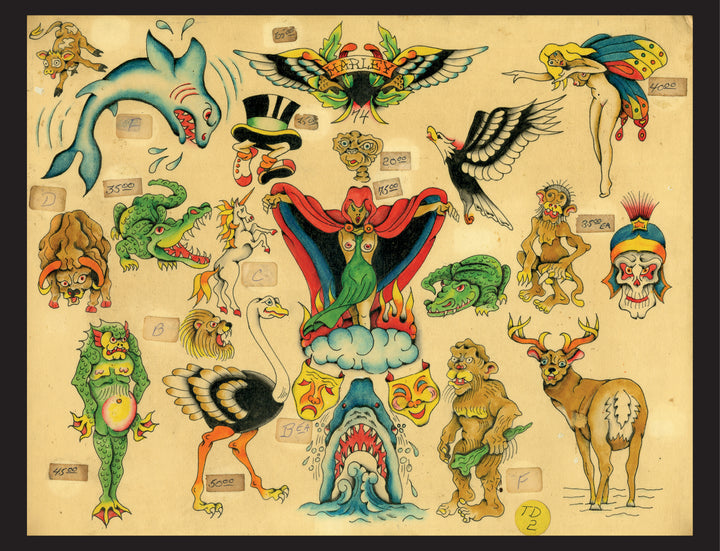 Original Tattoo Flash of John W. Harden by Schiffer Publishing, Ltd.—a vintage hand-painted sheet with dolphin, winged heart, nude mermaid, helmeted skull, bird, crocodile, ostrich, deer & fantastical faces in classic Harden style.