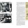 Four black-and-white photos from "Stoney Knows How" by Schiffer Publishing, Ltd. feature tattoo shops, artists, American tattoo legend Stoney St. Clair, storefronts, vintage ads, and a portrait of a man in uniform. Text appears on the center and right pages.
