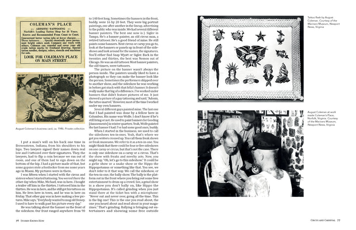 A magazine spread for "Stoney Knows How" by Schiffer Publishing, Ltd. showcases vintage tattoo shop ads, black-and-white flash art photos, and legendary tattooist Stoney St. Clair at work amid classic designs on the wall.