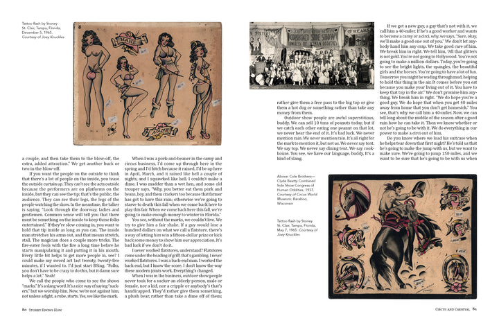 A magazine spread for Stoney Knows How by Schiffer Publishing, Ltd. showcases pin-up tattoo flash, a tattooed woman on horseback, and a group photo, with columns on tattoo culture, its history, and Stoney St. Clair.