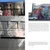 A two-page magazine spread from Schiffer Publishing, Ltd.'s "Women on the Walls" showcases vibrant urban murals celebrating women in street art, with bold female portraits and abstract geometric designs adorning city buildings.
