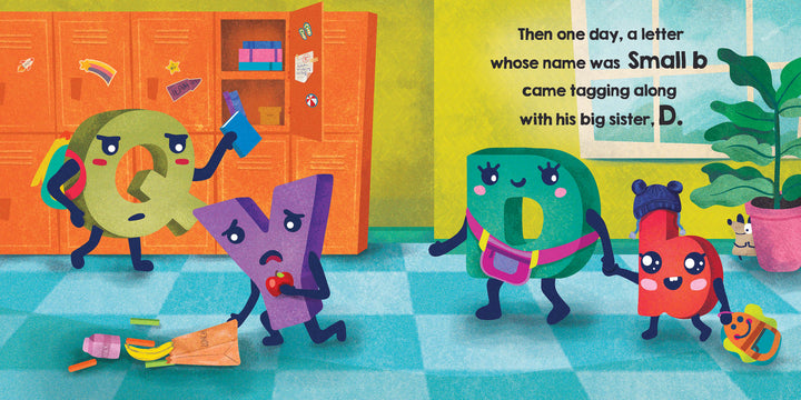 In Schiffer Publishing, Ltd.’s "Big P Takes a Fall (and That’s Not All)," illustrated letters Q, Y, D, and small b embark on an alphabet adventure. Q has a book; Y picks up crayons; D holds small b’s hand. The wall reveals small b and D are siblings.