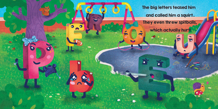 In Big P Takes a Fall (and That’s Not All) by Schiffer Publishing, Ltd., playful cartoon letters have alphabet adventures on a playground—some tease, others play and gather—perfect for rhyming alphabet books or STEAM lessons.